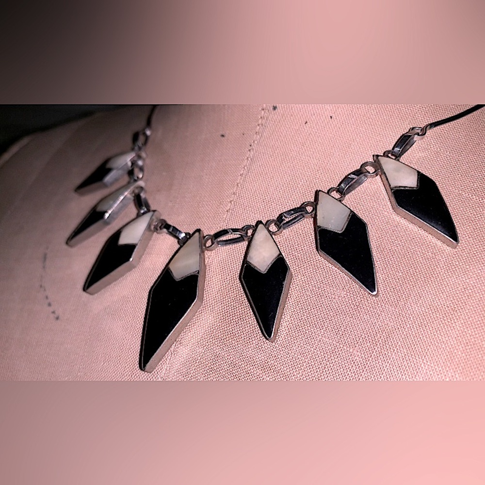Vintage Deco Black, Pearl and Silver Statement Necklace.